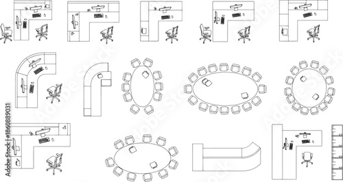A collection of various office furniture layouts presented in a clean, minimal, top-down perspective, perfect for illustrating office planning or design concepts.