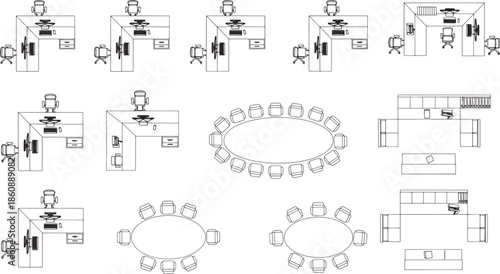 A comprehensive illustration of diverse office layouts and meeting room configurations, offering a bird's eye view. 