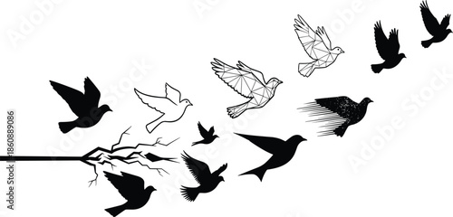 Bird flight transformation, silhouette to wireframe, freedom concept, cracked branch, evolution vector, artistic motion, abstract design, symbolic escape