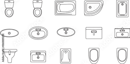 A diverse array of bathroom fixtures, presented in a clean, minimalist style. This image is perfect for architectural projects and design concepts. 