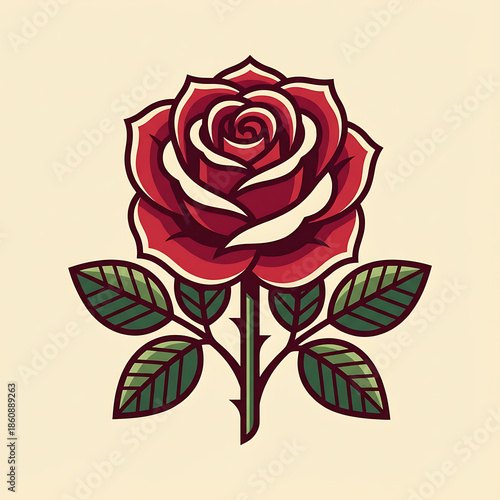 Elegant red rose illustration with detailed leaves.
