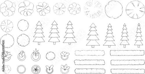 A collection of meticulously detailed line drawings showcase various tree and plant designs, offering a versatile resource for architectural and landscape planning.