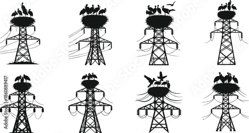 Bird nests on transmission towers, silhouette vector, power line wildlife, industrial structure, black and white, nature interaction, infrastructure scene, electric pole