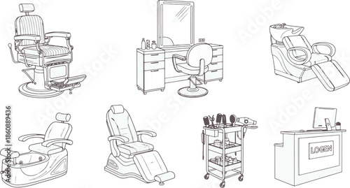 A collection of salon equipment in an illustrative style, each item carefully drawn to showcase a beauty space.