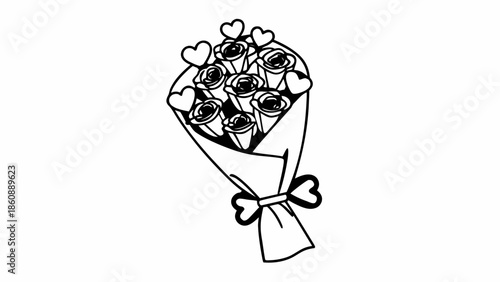 A bouquet of roses wrapped in paper with a bow, simple illustration