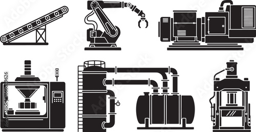 A collection of industrial machines, representing various aspects of automation and manufacturing processes.