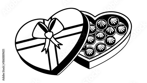 A heart-shaped box of chocolates with a bow, illustration, valentine's gift