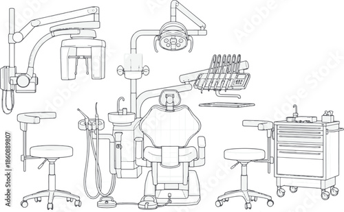 Detailed line art illustration of a dental office interior, showcasing modern equipment.