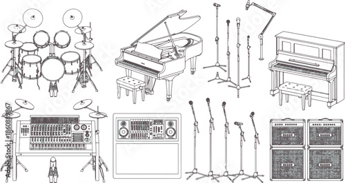 Line art of music studio, drums and piano instruments, microphones, and speakers. Illustrating instruments for musicians in a recording studio.