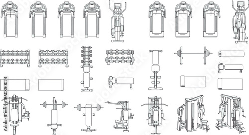 A comprehensive set of detailed line drawings showcases an array of fitness equipment. Providing a clear and instructive overhead view.
