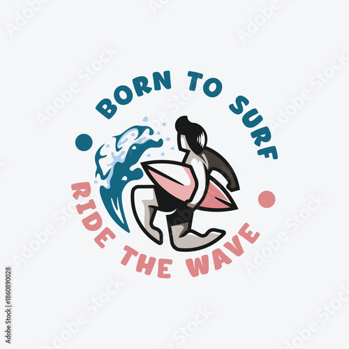 Retro vector badge with surfer carrying board and wave