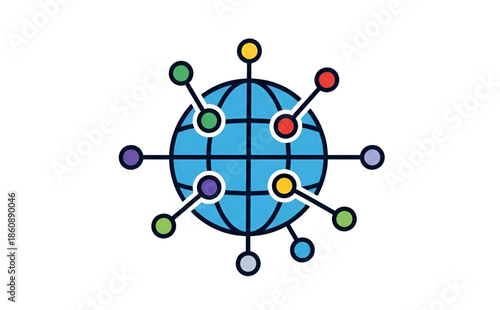 A vibrant illustration of a blue globe with colorful nodes and connections representing global communication and networking