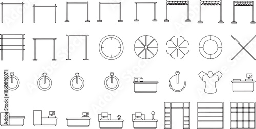 A minimalist collection of architectural and design elements rendered in precise lines, a versatile resource for creative projects.