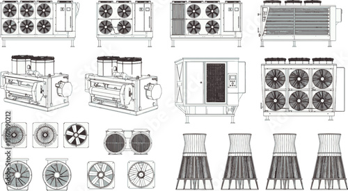 An array of detailed line drawings showcases an assortment of industrial cooling and ventilation systems, providing a clear view of mechanical components, designs, and architectural arrangements.