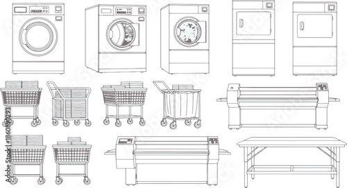Detailed line drawings showcase an array of laundry machines and service equipment in stark detail. The stark depiction emphasizes each element.