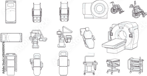 A comprehensive overview of essential medical equipment in a detailed illustration. Featuring a variety of equipment commonly used in hospitals and healthcare settings.