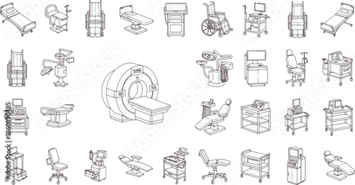 An assortment of intricately illustrated medical equipment, meticulously rendered in a clean, graphic style that highlights each piece's functionality and form.