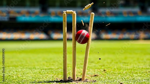 Cricket ball hitting stumps on green grass field

