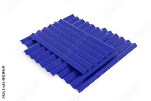 stack of blue plastic cards.  3d render blue corrugated steel roofing sheets stacked in layers. Metal roof panels for architecture, construction projects and industrial building materials.