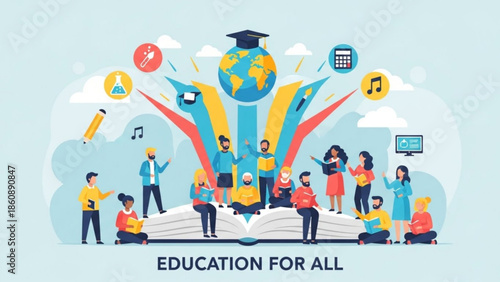 Diverse group of people learning together with education icons and globe on books