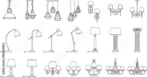 Detailed illustration of diverse lighting fixtures and chandeliers, showcasing various designs and styles. A comprehensive collection of lamps for interior design.