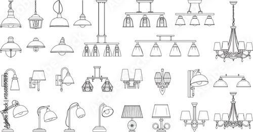 A collection of various detailed light fixtures, showcasing diverse designs, from elegant chandeliers to modern lamps, ready for architectural visualization.