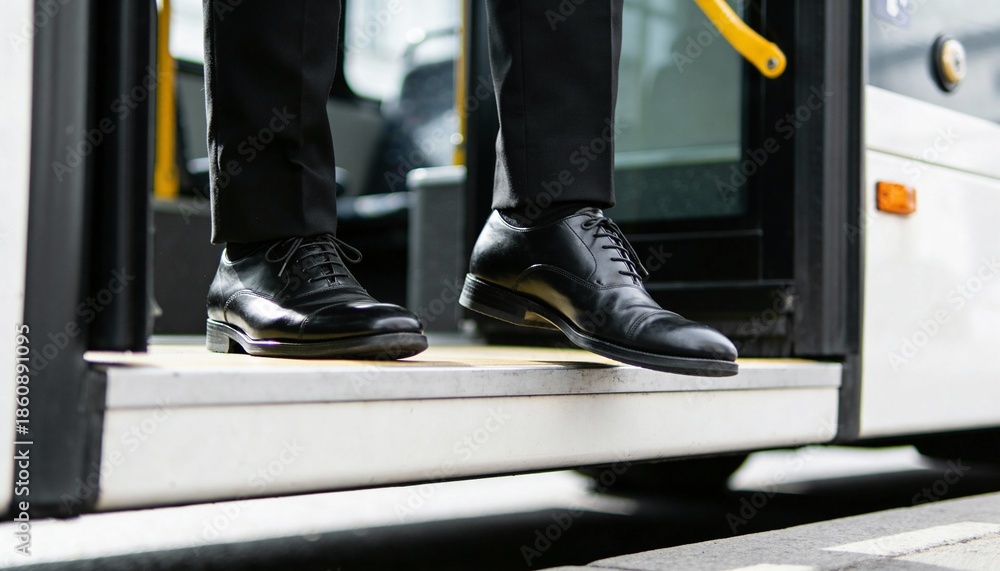 Obraz premium A person wearing professional black leather shoes and trousers steps onto the entrance platform of a public transit bus.