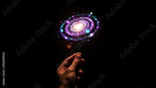 A hand holds a glowing spiral-shaped object with vibrant colors in a dark environment