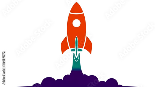 Vibrant orange rocket ship launching into the sky with purple smoke and green flames, symbolizing innovation and progress in a minimalist graphic design