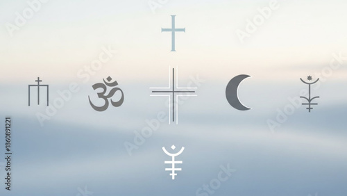 Religious symbols on foggy background, spirituality and faith concept