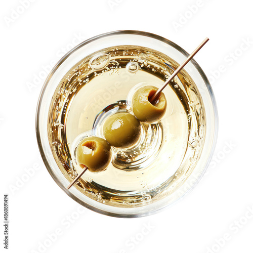 Overhead View of Martini with Three Olives on a Skewer against a Transparent Background