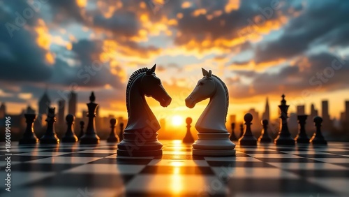 Dramatic showdown of chess knights facing each other on a chessboard against a city skyline at sunset, strategy