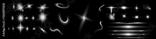 Glow isolated white transparent light effect set, lens flare, explosion, glitter, line, sun flash, spark and stars. Abstract special effect element design.