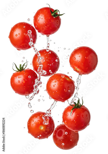 Floating Tomatoes With Water Droplets On A Transparent Background