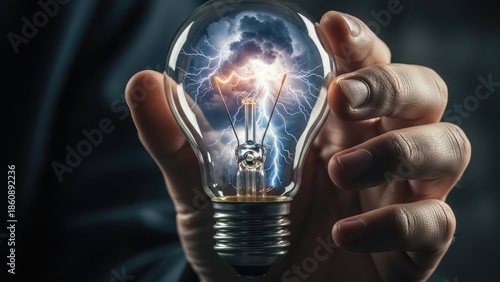 A hand grasping a glowing light bulb with electrical sparks inside