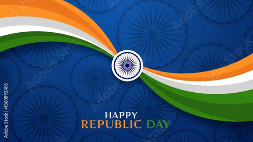 Indian republic day celebration background with tricolor ribbon and wheel symbol on blue floral pattern