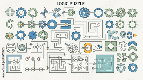 A colorful illustration of logic puzzle pieces and gears in blue, green, and yellow, interconnected with lines and shapes on a white background for problem solving