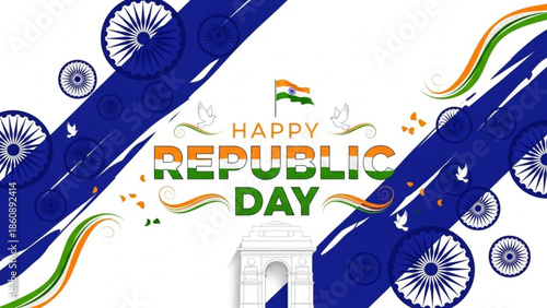 Happy republic day india celebration graphic with indian flag colors and ashoka chakra symbols on white background with blue streaks