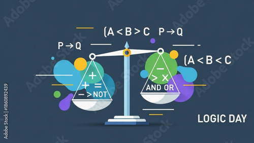 Logic day concept with balance scale and mathematical symbols on colorful background
