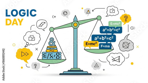 Colorful illustration of a balance scale with mathematical equations and thought bubbles on logic day
