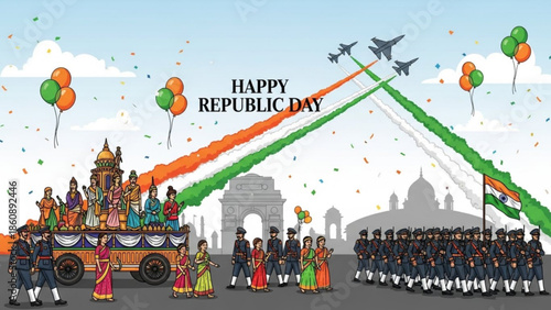 Happy republic day india celebration parade with people in traditional dress and military personnel marching