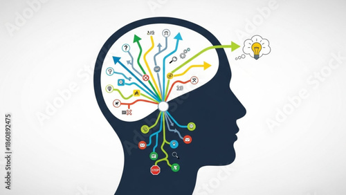 Creative thinking process with colorful brain and lightbulb idea generation