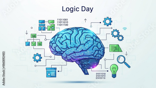 Brain with circuit board and gears, symbolizing artificial intelligence and logical thinking, with code and data flow around it, representing innovative technology