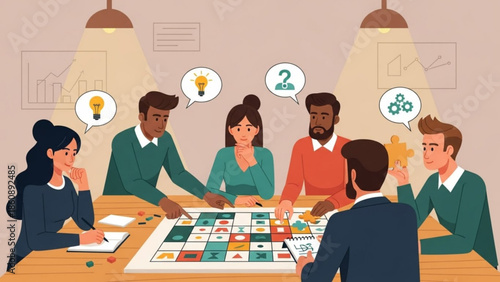 Diverse group of people brainstorming and planning together around a large colorful strategy board game on a wooden table in a modern office setting with ideas