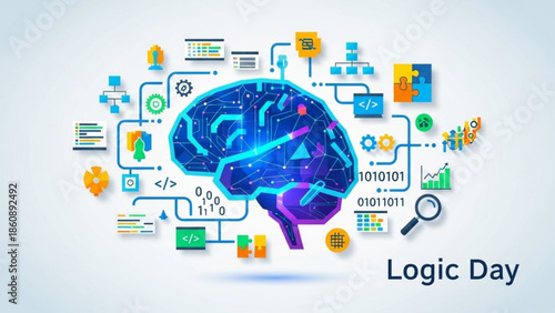 Vibrant digital brain illustration with coding symbols and logic day theme for technology and innovation concepts