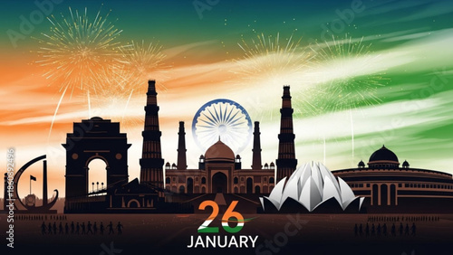 Republic day india, 26 january celebration, indian independence, new delhi cityscape, monuments, fireworks display, national holiday, patriotic event, asia, indian