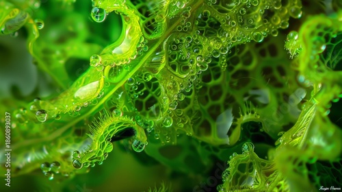 Abstract Macro Photography of Translucent Green Plant Tissues and Bubbling Water Drops