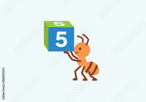 Playful ant carrying a blue and green cube labeled five.