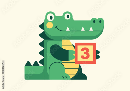 Playful cartoon crocodile holding number three card.