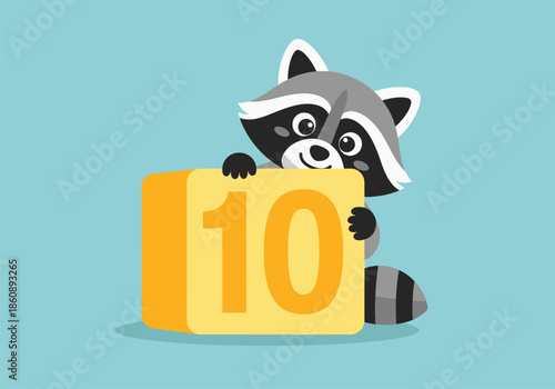 Playful raccoon holding number ten block.